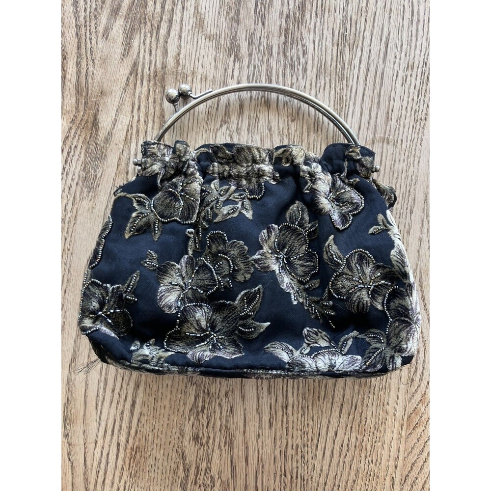 Vintage black beaded evening clutch bag with clasping handles see photos